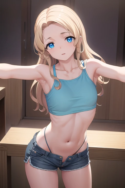 kurisukanan, kurisu kanan, long hair, forehead, blue eyes, blonde hair,
BREAK collarbone, shorts, short shorts, sleevesless shorts, navel,
BREAK indoors,
BREAK looking at viewer, (cowboy shot:1.5), armpits
BREAK (masterpiece:1.2), best quality, high resolution, unity 8k wallpaper, (illustration:0.8), (beautiful detailed eyes:1.6), extremely detailed face, perfect lighting, extremely detailed CG, (perfect hands, perfect anatomy),