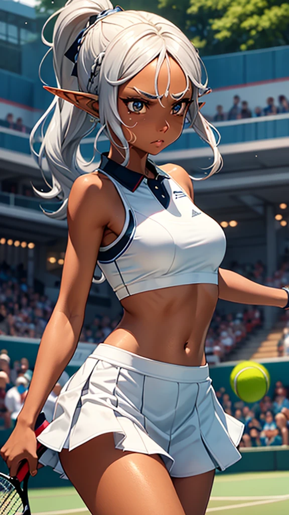 One elf woman, tanned brown skin, beautiful silver hair, pointed ears, upper body depiction, ponytail, tennis wear, tennis court, sweats, swinging a tennis racket. Serious facial expression, open lips, upward gaze, 