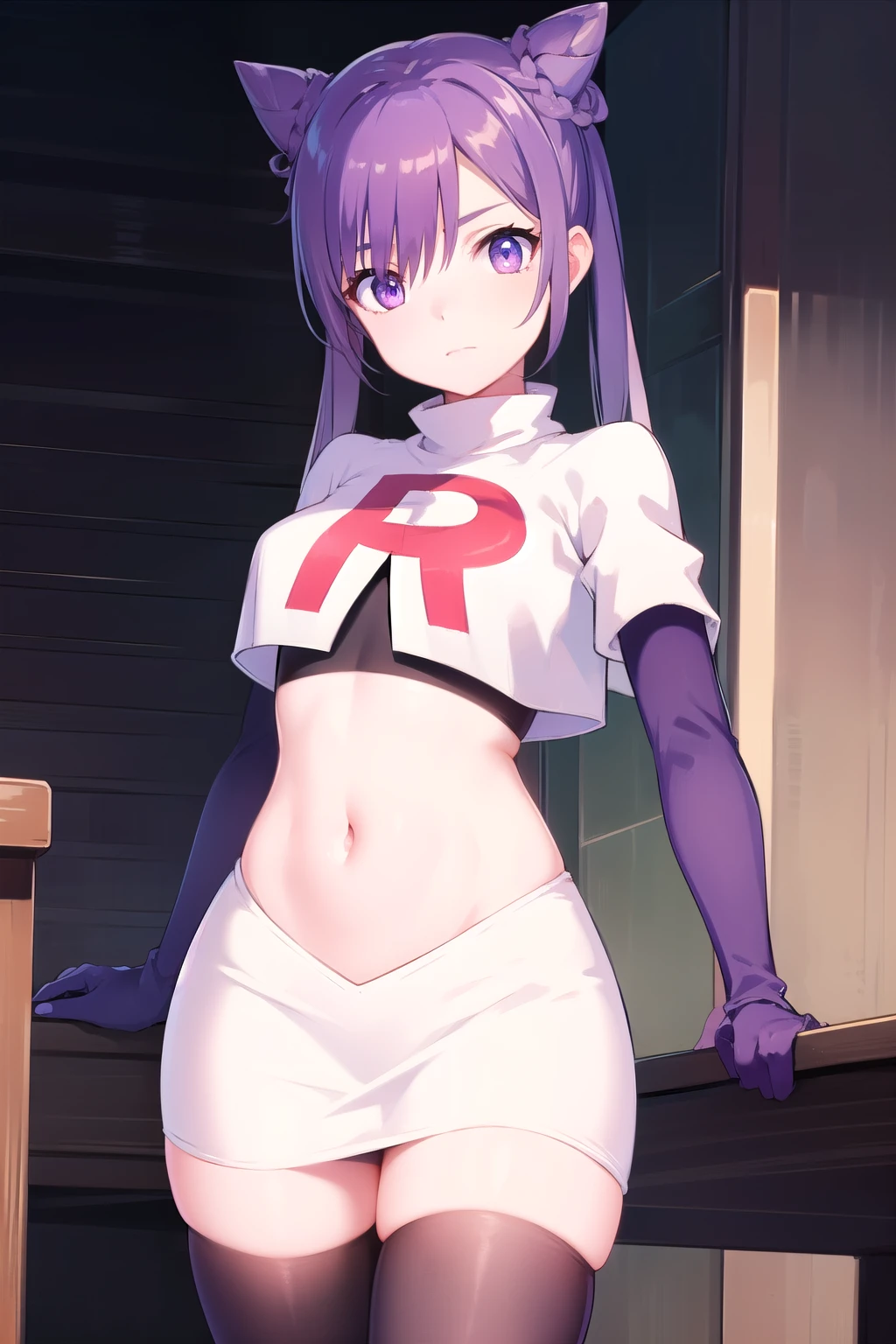 keqing, keqing, long hair, bangs, hair ornament, twintails, (purple eyes:1.1), purple hair, braid, hair bun, double bun, cone hair bun,
BREAK team rocket,team rocket uniform,white skirt,red letter R,crop top,black thigh-highs,black elbow gloves,
BREAK looking at viewer, (cowboy shot:1.5),
BREAK (masterpiece:1.2), best quality, high resolution, unity 8k wallpaper, (illustration:0.8), (beautiful detailed eyes:1.6), extremely detailed face, perfect lighting, extremely detailed CG, (perfect hands, perfect anatomy),