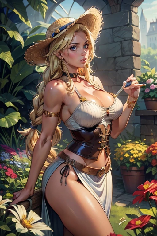 (((top-quality, masterpiece))), (( lot of details), (((depcit very young  surrounded by ropes))), (((elegant cowgirl))), sexy, blond hair, long hair, straight hair, (((bandage))), (((bound with ropes))), (((arms behind back))), cowboy hat, (wearing leather cowboy clothes), leather revolvers belt, open legs, spread legs, brown eyes, thin , ((small breasts)), ((topless)), nice hips, open shoulders, sassy, (Masterpiece, Excellent, complex details), delicate girl, delicate face, pretty, sunny desert, a western atmosphere,