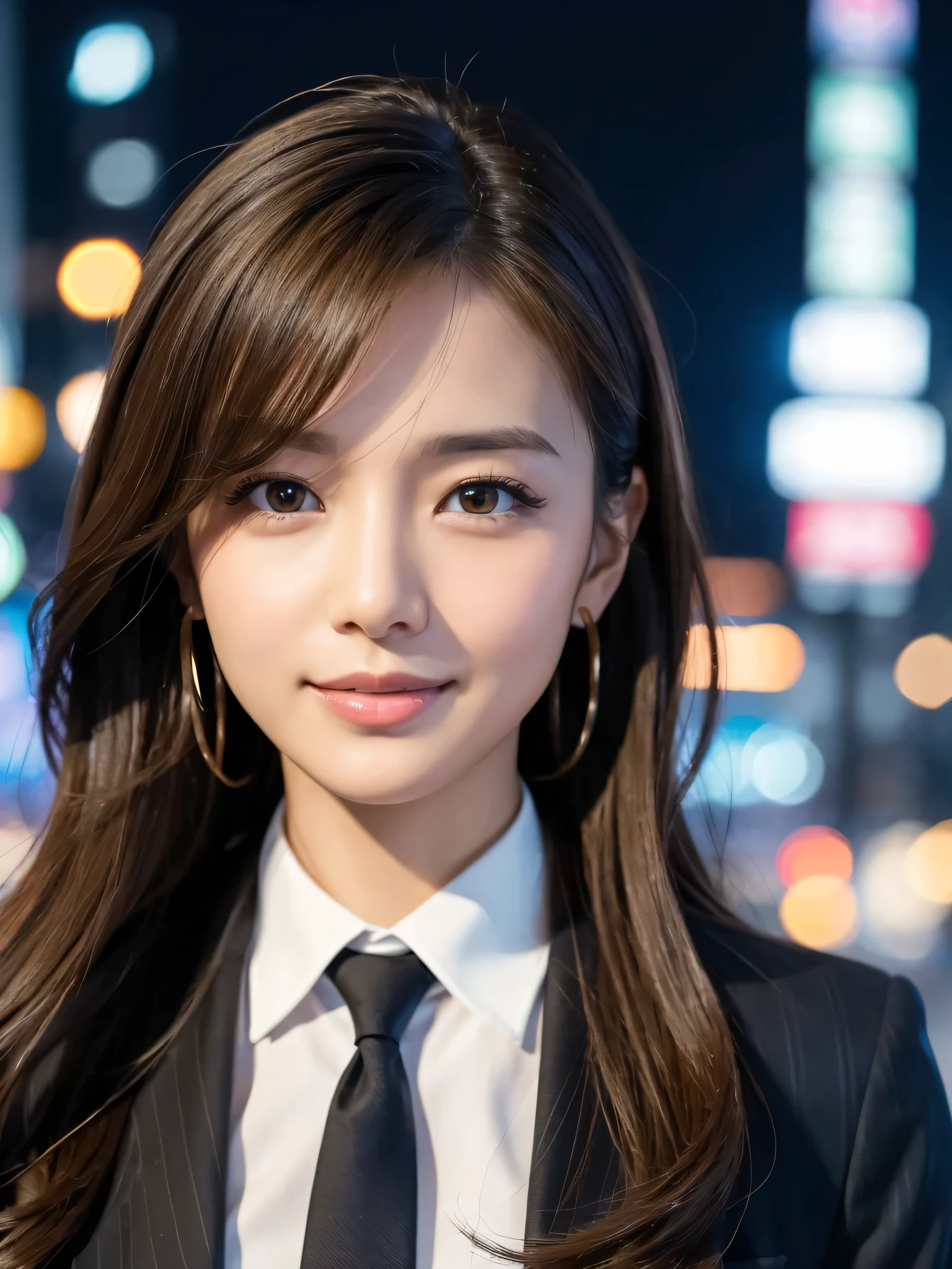 table top、highest quality、genuine、Super detailed、finely、High resolution、8k wallpaper、one beautiful woman、、、light brown disheveled hair、wearing a business suit、sharp focus、perfect dynamic composition、beautiful and detailed eyes、thin hair、Detailed genuine skin texture、smile、close-up portrait、model body shape、In Tokyo at night、