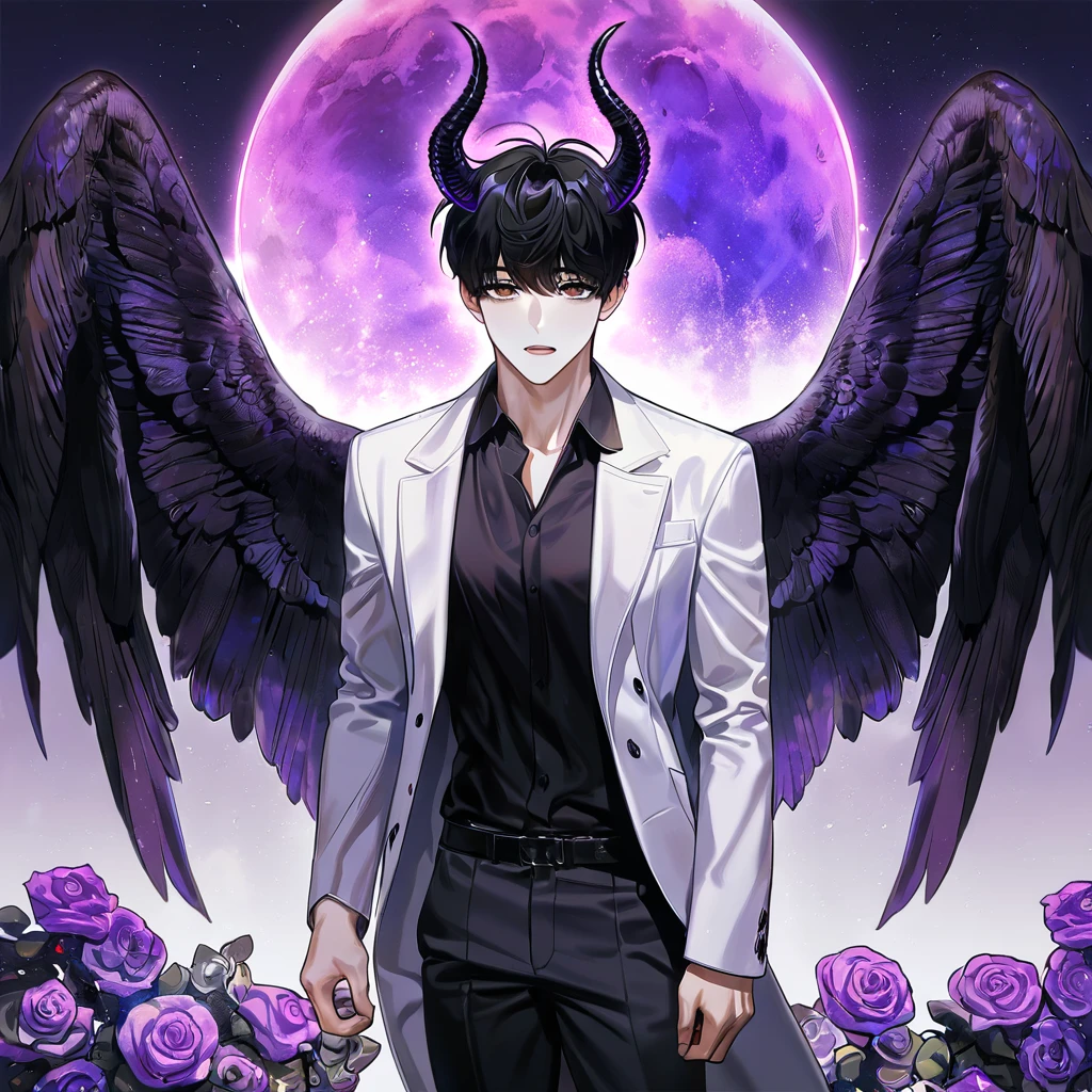 (absurdres, highres, ultra detailed, HDR) master piece, best quality, perfect face, Kim Dokja, black hair, expressive brown eyes, Omniscient reader's viewpoint, solo, sexy man, handsome, white coat, black shirt, black pants, black horns, black angel wings, purple moon, purple flames, purple butterflies, purple roses, starry sky