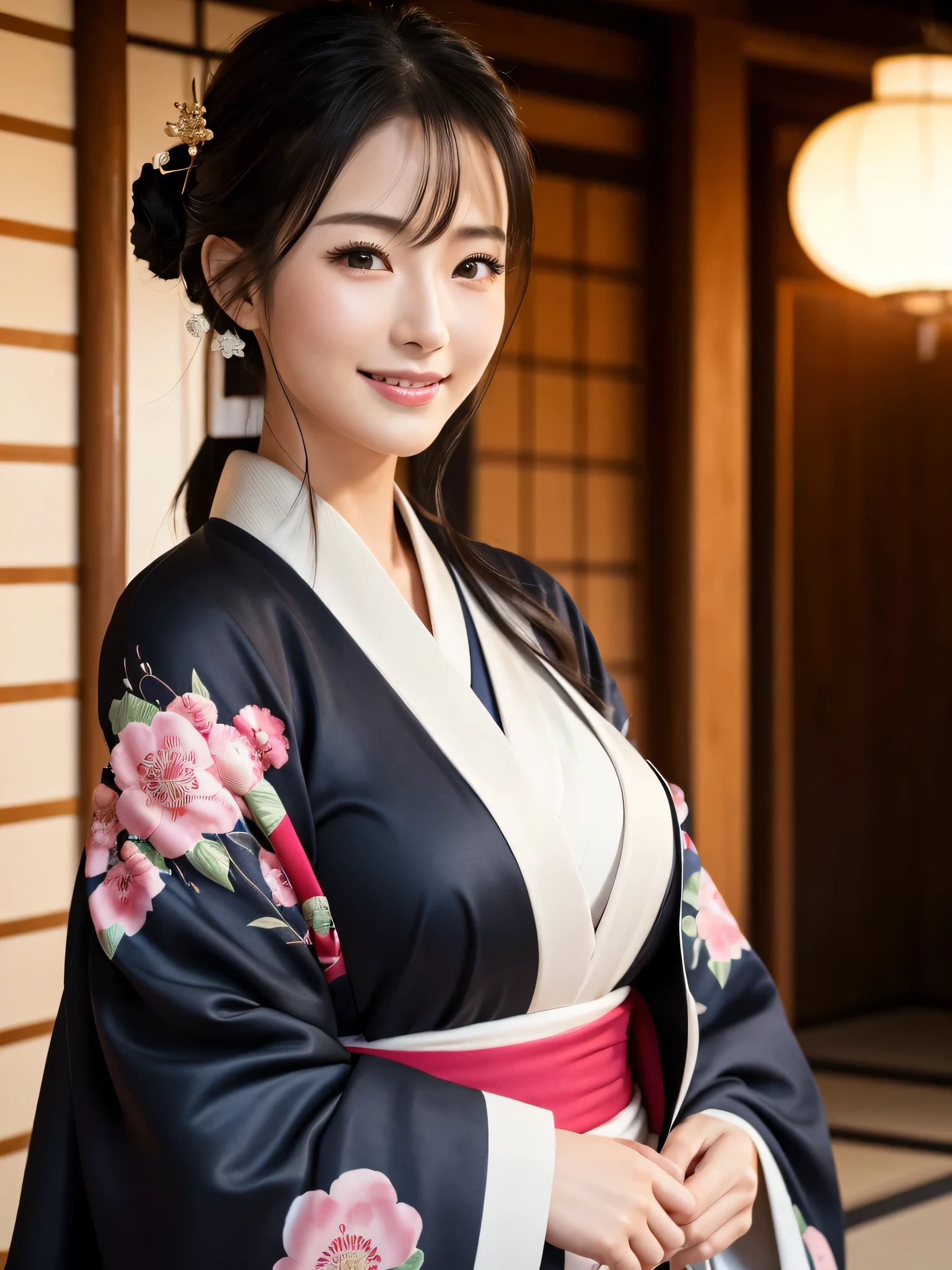 (Super beautiful woman in kimono)、((highest quality、8K masterpiece:1.3))、sharp focus:1.2、(super beautiful face:1.0)、(shiny skin:1.0)、realistic pictures、black hair、video lighting、High resolution eyes and face、video lighting、japanese actress、from the front、big breasts、with a happy smile、Slender abs beauty、whole body、wearing a kimono、in Kyoto、luxury obi、In Kyoto 