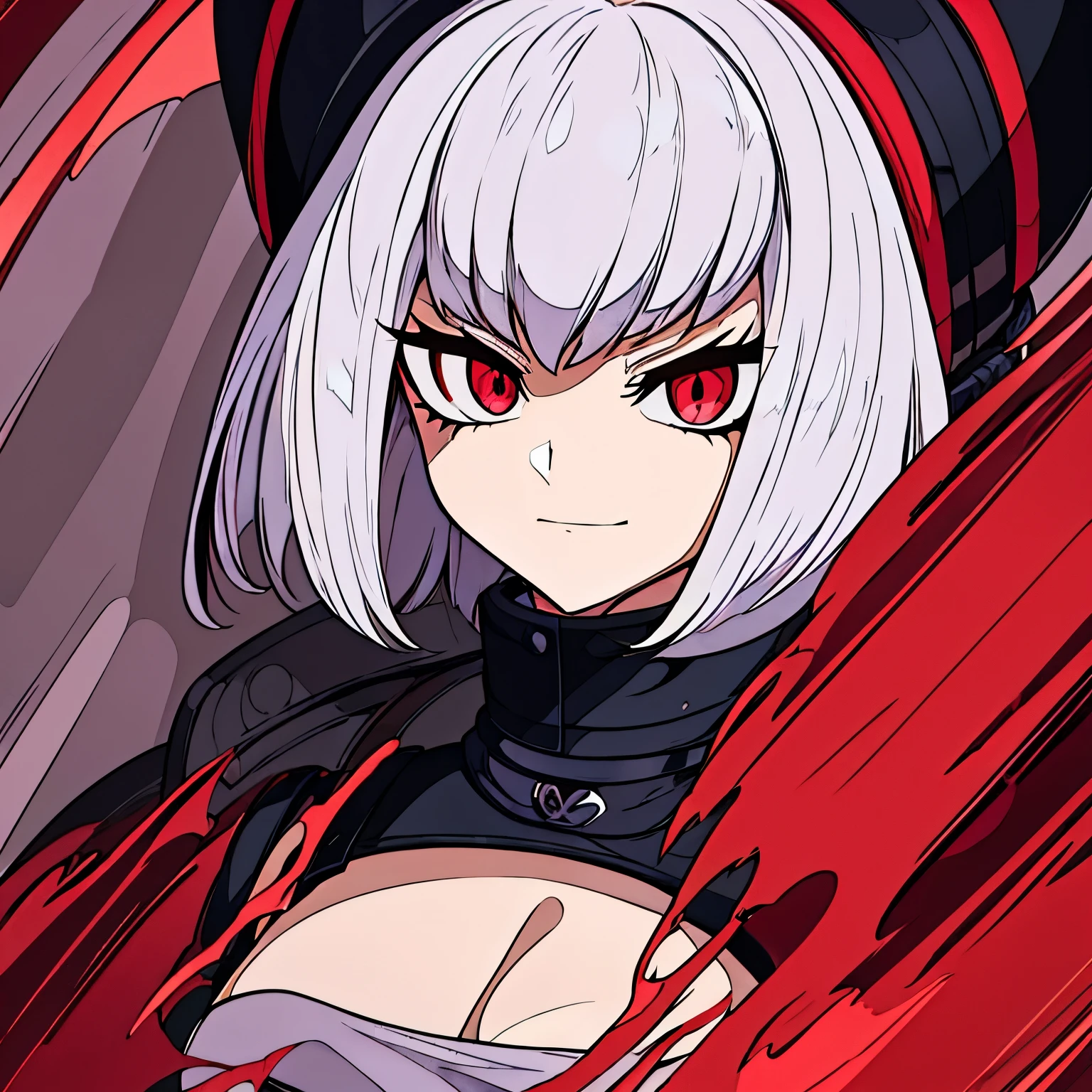 Chanel short white hair, red eyes, black blouse with a high collar and shoulders showing off the villain from Boku no hero academia 