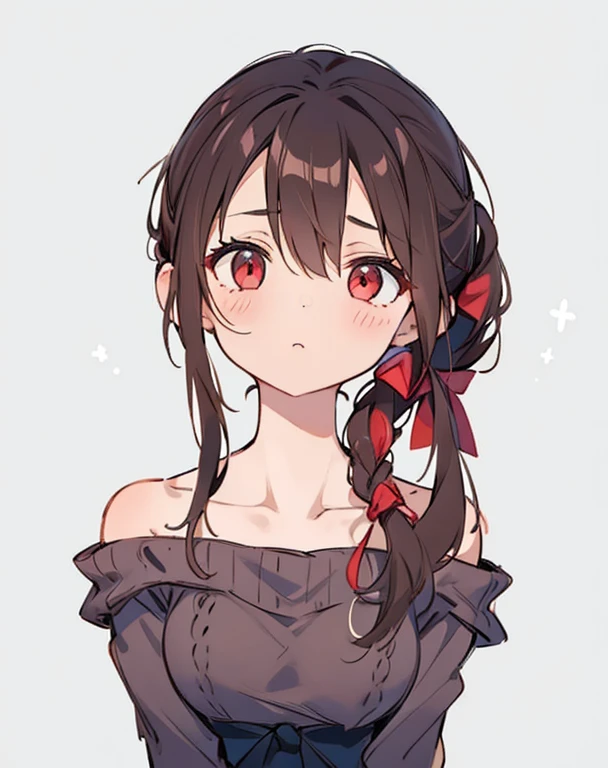 One Girl, disheveled brown hair, Horizontal knot,　Tie your hair up with a ribbon, Red eyes, Shoulder out, Off-the-shoulder knit, Glamour, cute, Top quality masterpiece, high resolution