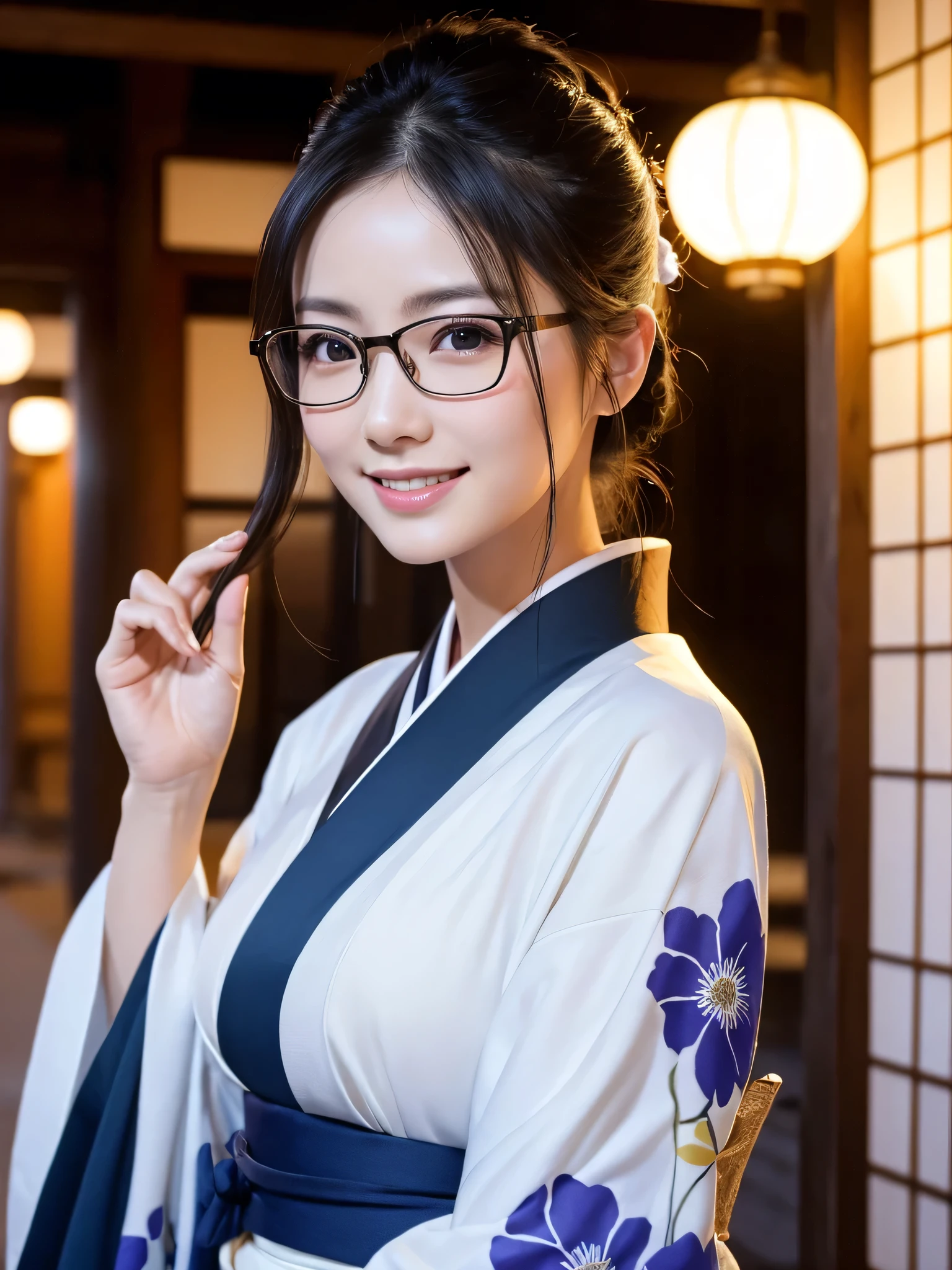 (Super beautiful woman in kimono)、((highest quality、8K masterpiece:1.3))、sharp focus:1.2、(super beautiful face:1.0)、(shiny skin:1.0)、realistic pictures、black hair、video lighting、High resolution eyes and face、video lighting、japanese actress、from the front、big breasts、with a happy smile、Slender abs beauty、whole body、wearing a kimono、in Kyoto、luxury obi、In Kyoto at night、wearing glasses with no edge