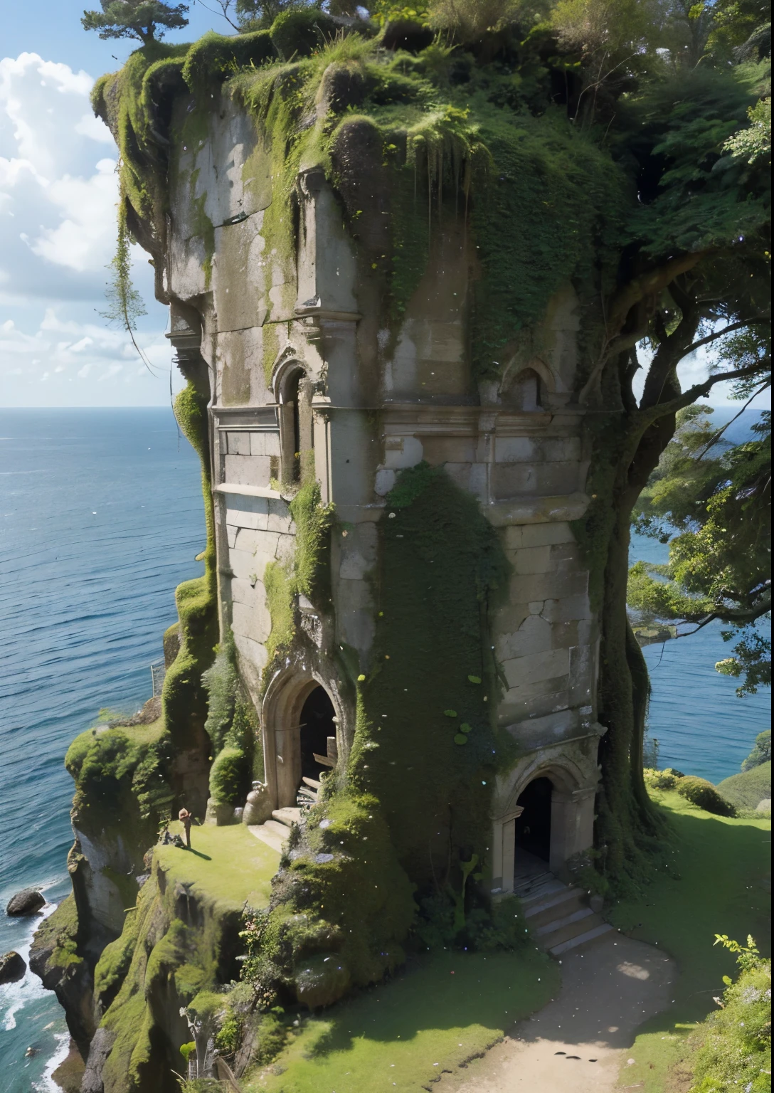 (masterpiece、highest quality:1.2)、8k、You can see the ocean、Ancient ruins built on the edge of a cliff、Crumbling ruins of unknown age、Giant Vine、It is covered with moss and ivy.、Beautiful Japanese