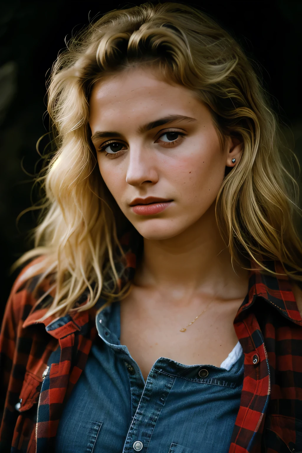 photograph of a woman, (troubled facial expression), textured skin, goosebumps, blonde afro hair, plaid flannel shirt with distressed boyfriend jeans, cowboy shot, dark and mysterious cave with unique rock formations and hidden wonders, perfect eyes, (candlelight,chiaroscuro), Porta 160 color, shot on ARRI ALEXA 65, bokeh, sharp focus on subject, shot by Don McCullin
