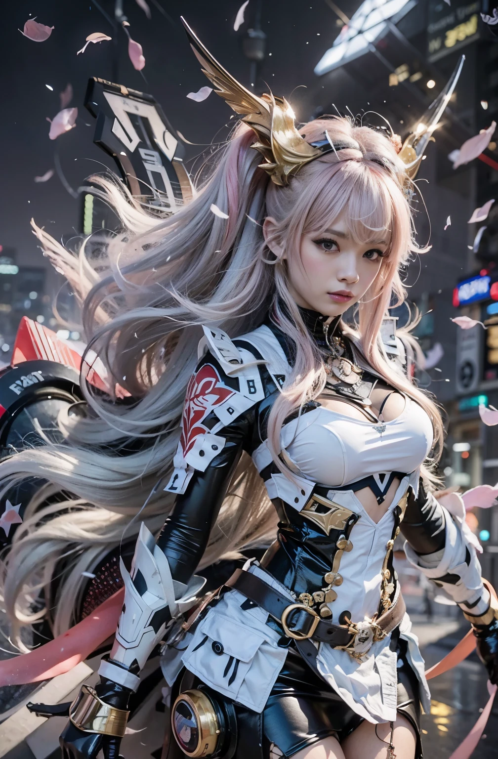 Japanese women、 Neon red hair, Moonlight Eyes, Fox Ears, Tattoo sleeves and piercings、 Harajuku-style hip hop fashion, Cinematic lighting, Harajuku as background,