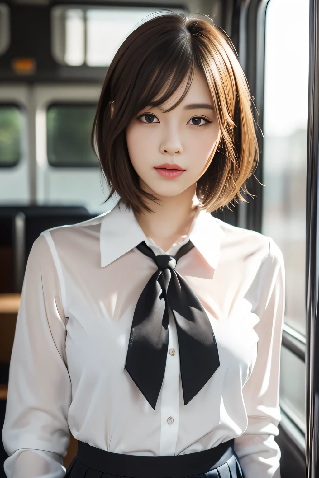 Generate with SFW, (1 girl:1.3), Upper Body Shot, Japanese, 16 year old supermodel, the body is slim, high school girl, (from before), (highest quality:1.4), 32k resolution, (Realistic:1.5), (Ultra-realistic:1.5), High resolution UHD, (masterpiece:1.2)), (Improvement of quality:1.4), (Very beautiful facial details), (Highest quality realistic skin texture:1.4), (Perfect Anatomy:1.2), (Are standing:1.37), ((thin high school girl uniform, no bra)), ((Black tie, White long sleeve blouse shirt:1.21)), Black pleated skirt, (Do not emphasize the top of the bust), ((on the bus)), Accurate Fingers, Very detailed, Symmetrical eyes, Fine eyelashes, Thinly trimmed eyebrows, View audience, Natural Makeup, [Pink lipstick], ((A good eye for quality:1.2)), (tired, Sleepy and satisfied:0.0), (Beautiful Lips:1.33), (Great nose:1.2), ((Physically Based Rendering of the Background:1.37)), (medium breast), Tight waist, (Heavy chest:1.05, slim lower body), Brown Hair, (handsome short hair:1.37), Anxious face, Gentle light illuminates the face and body, Spectacular and inspiring cinema lighting
