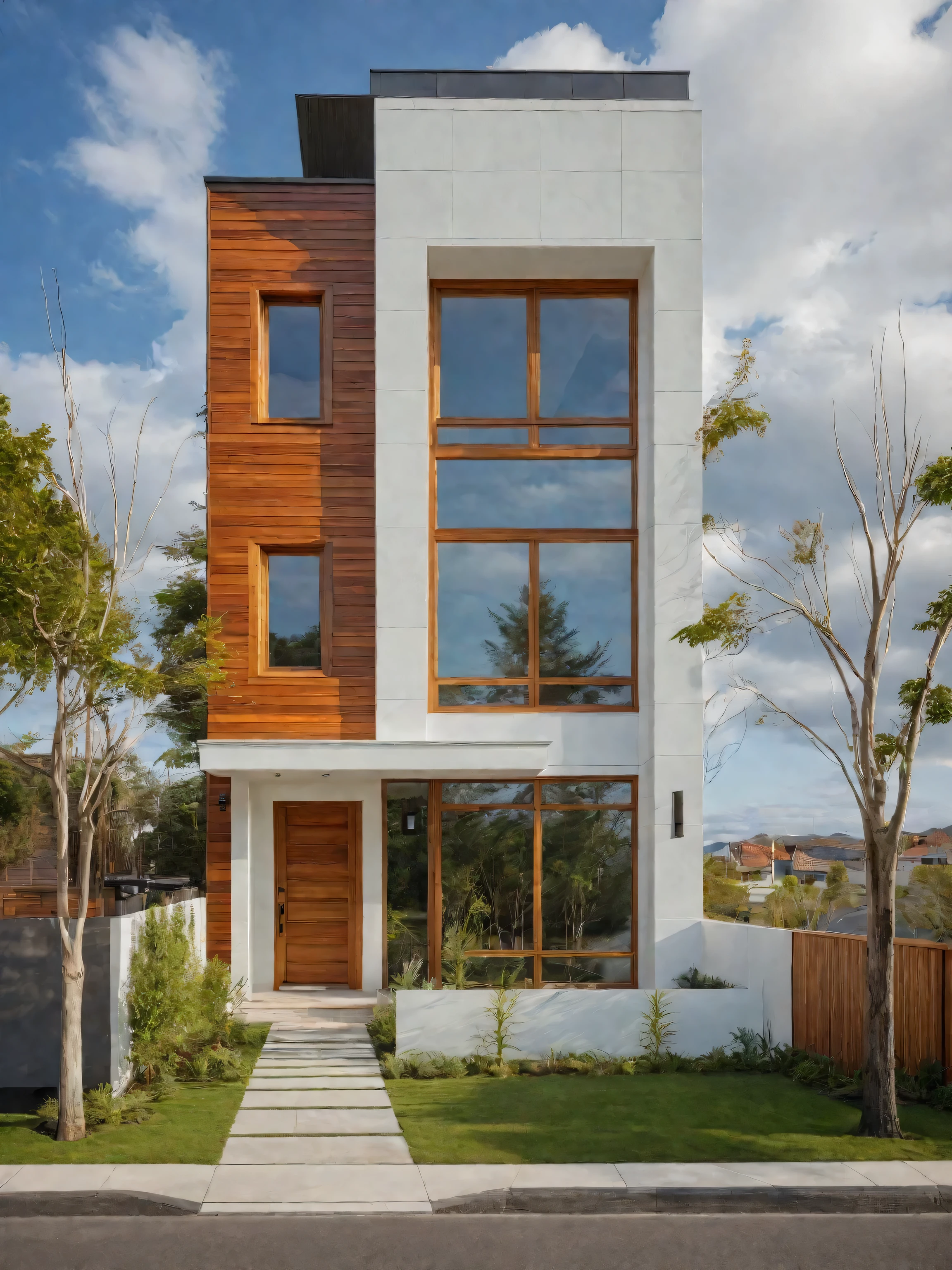exterior house, contemporary style, white wall, wood wall, wood door, glass window, (realistic:1.2), Masterpiece, high quality, best quality, authentic, super detail, outdoors,road,pavement, grass, trees, sky, cloud, (daylight:1.1)
