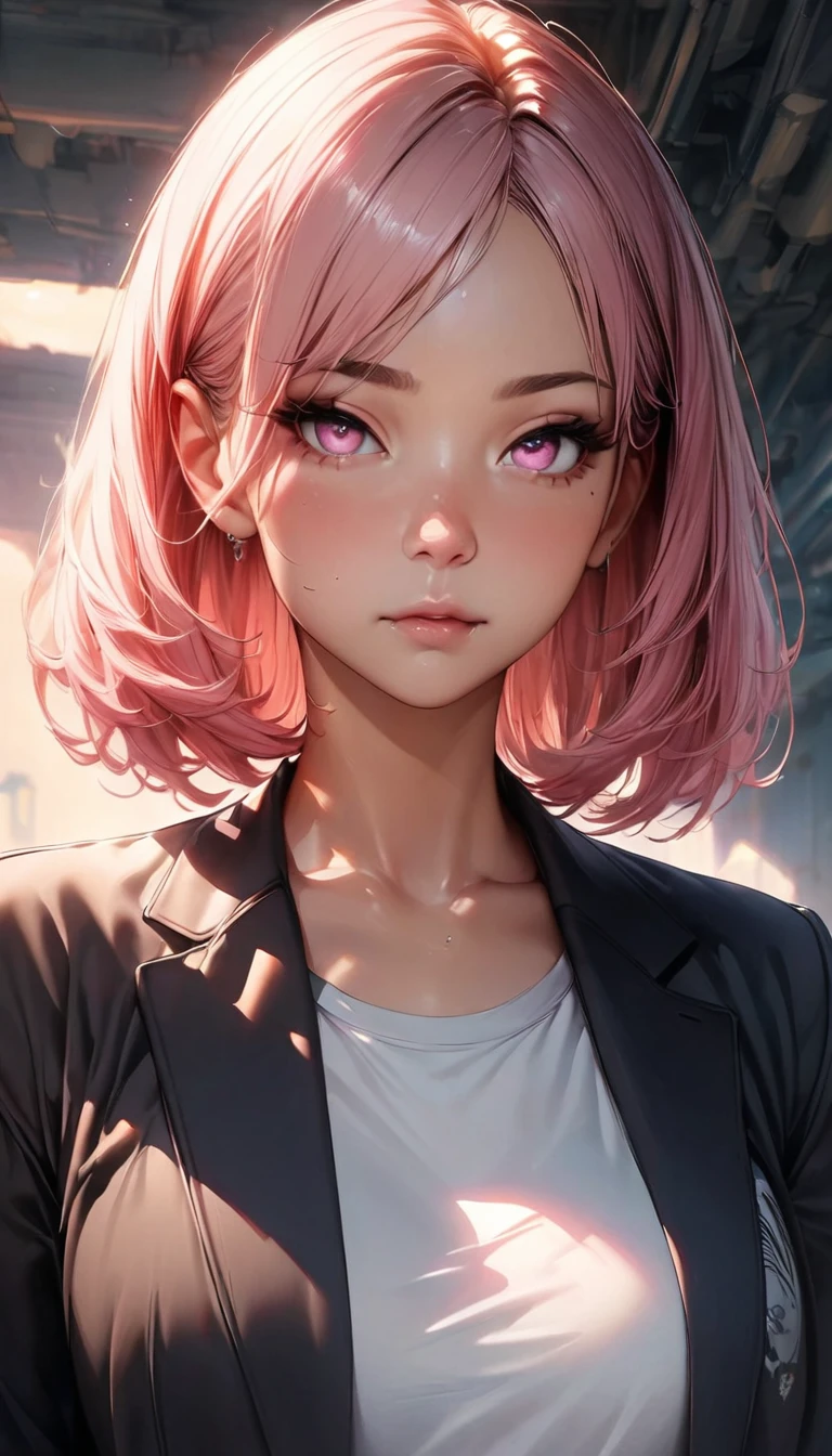 anime,soft light, Masterpiece, best quality,High quality,delicate face, realistic,1 girl,Full body, Black Jacket,with shorts,Long pink bob hair, with pink eyes,
