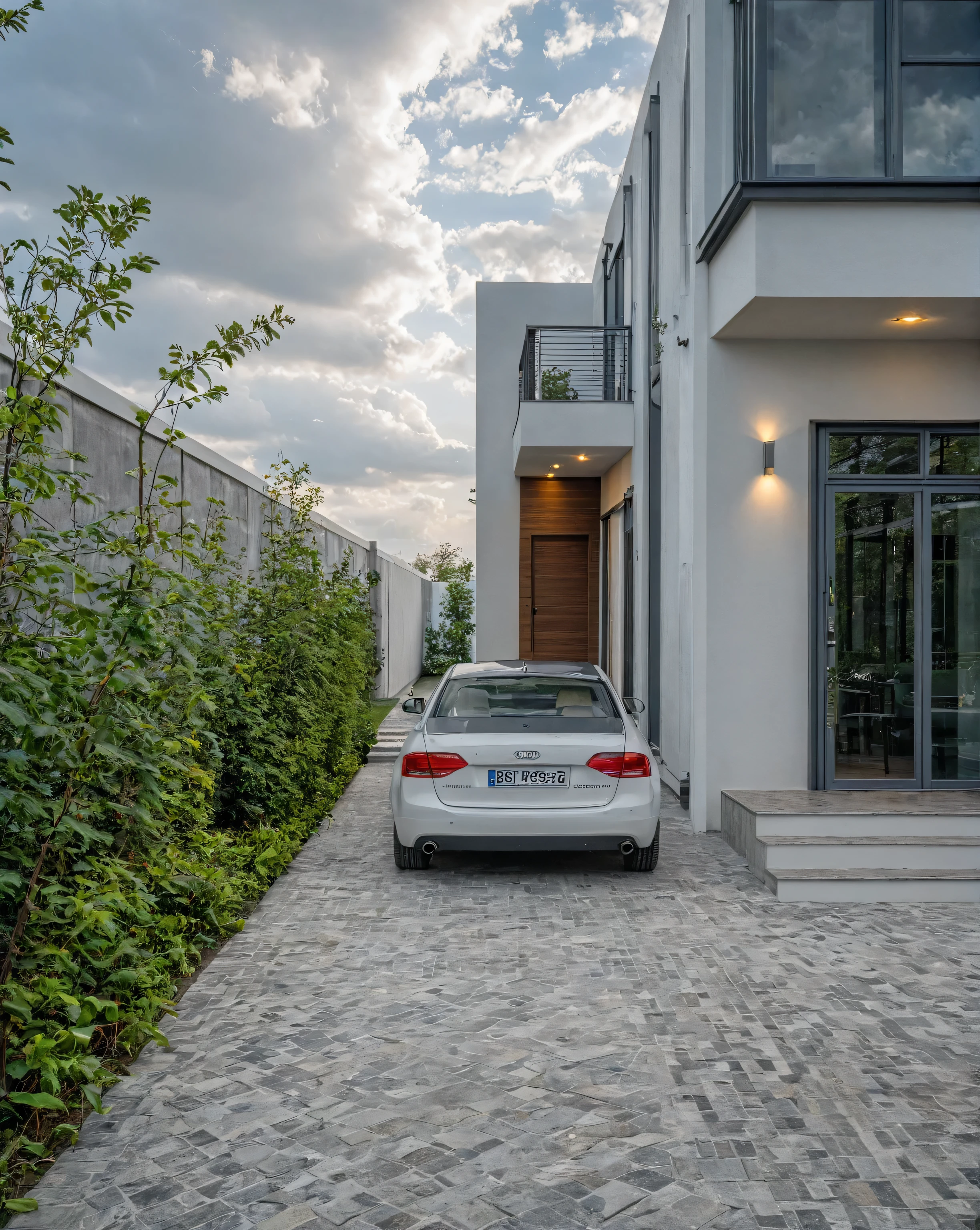 raw photo, Masterpiece, high quality, best quality, authentic, super detail, outdoors, onestoreyvillaXL, aiaigroup, house style modern on the street ,stairs, white wall ,road,pavement, grass, trees, sky, cloud, (daylight:1.1)