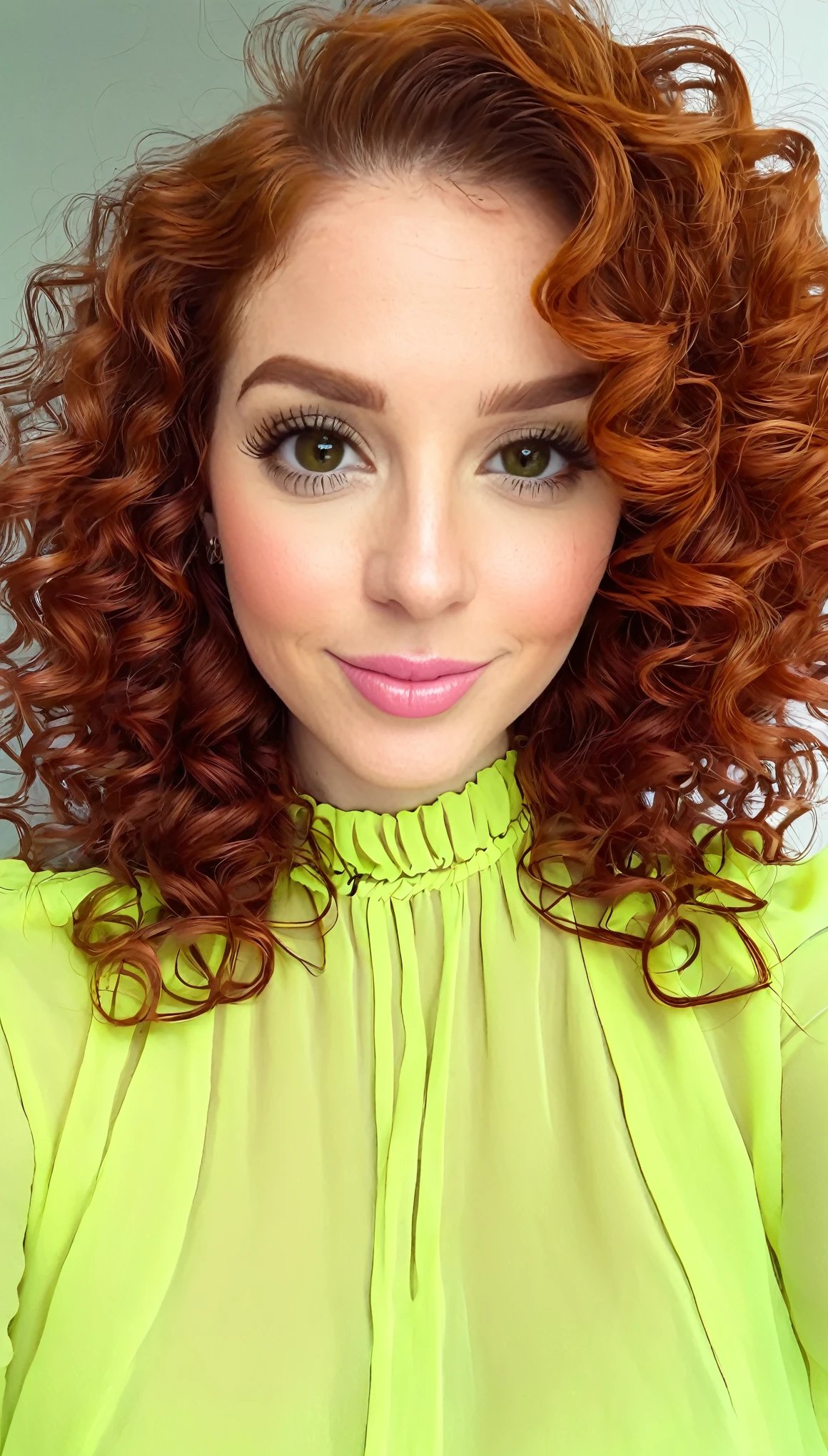 Una mujer ya mayor de cabello, curly redhead A bright lemon green blouse She is taking a selfie