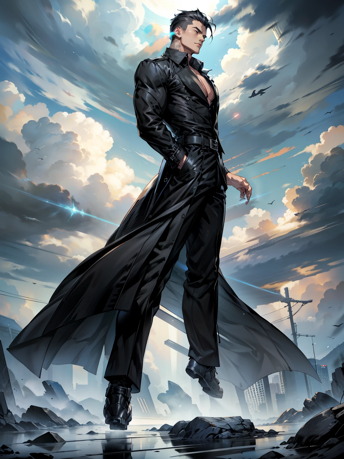 boys 26 Years old, Serious face, muscular, wearing long trench matrix coat, ((black shirt)), black pants, high cut boots, both hands behind back, levitate on sky, cloud 