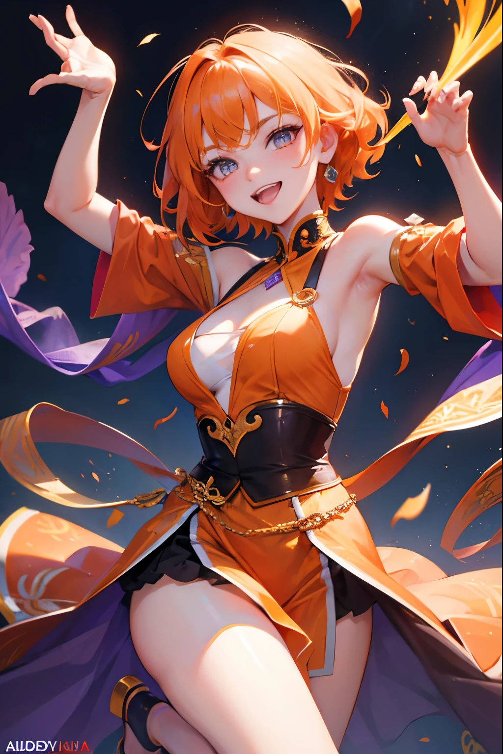 8k、masterpiece, highest quality, so beautiful、up to date、girl, Orange Hair, short hair, Golden Eyes, Olga,tooth, A defiant smile, Asian fantasy purple costume、Bollywood、Bold Pose、Hands open、dance、Ado、Sing