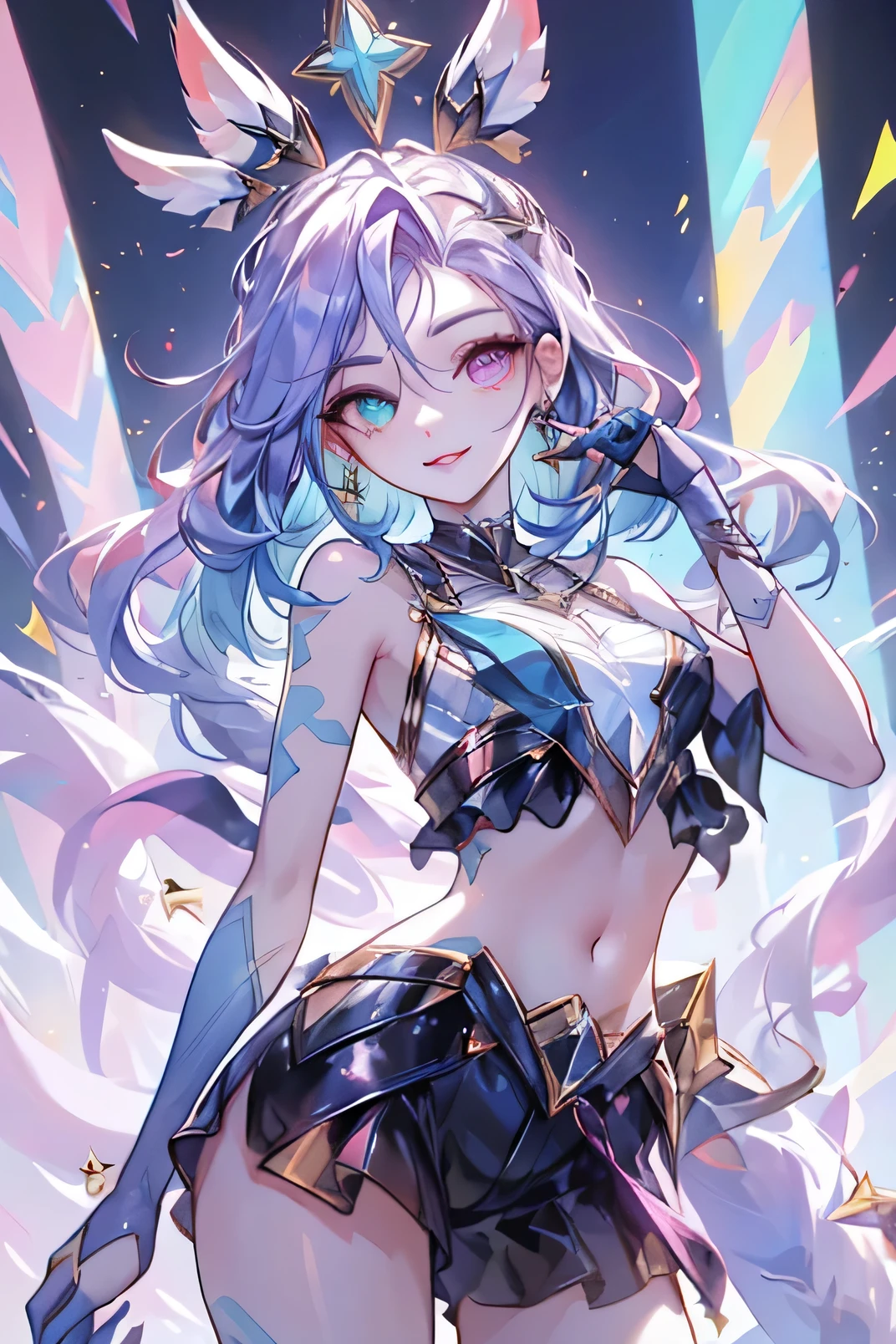 ((mejor calidad)), ((Obra maestra)), (detallado), cuerpo completo, de frente al espectador, cara perfecta, cabello morado, star guardian, pelo corto cian, heterochromia, ojos morados y cyan, sparkly ojos morados, long eyelashes, pelaje azul cian, orejas de gato azul cian, dulce sonrisa, chica magica