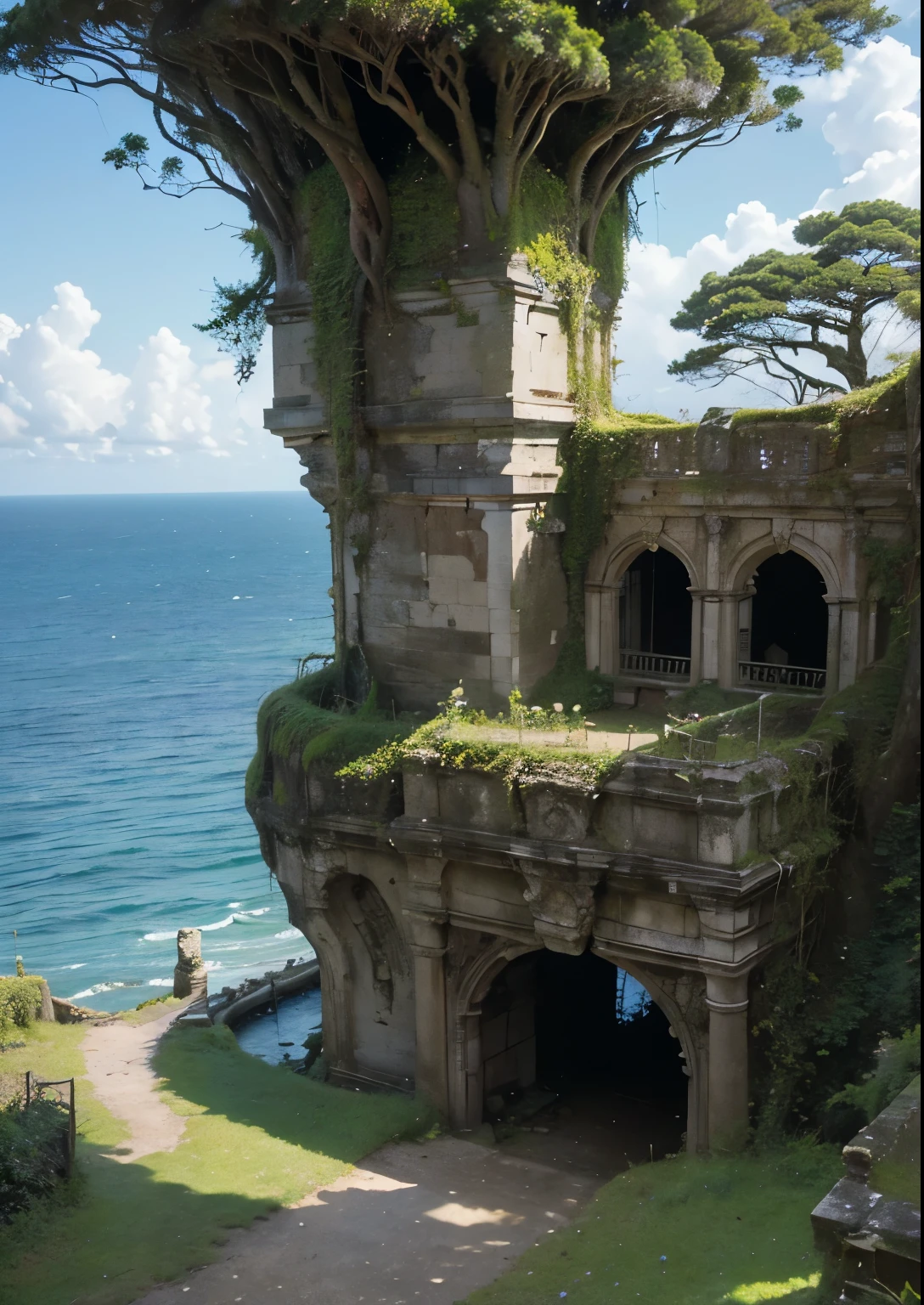 (masterpiece、highest quality:1.2)、8k、You can see the ocean、Ancient ruins built on the edge of a cliff、Ruins of an unknown civilization、Crumbling ruins of unknown age、Giant Vine、It is covered with moss and ivy.