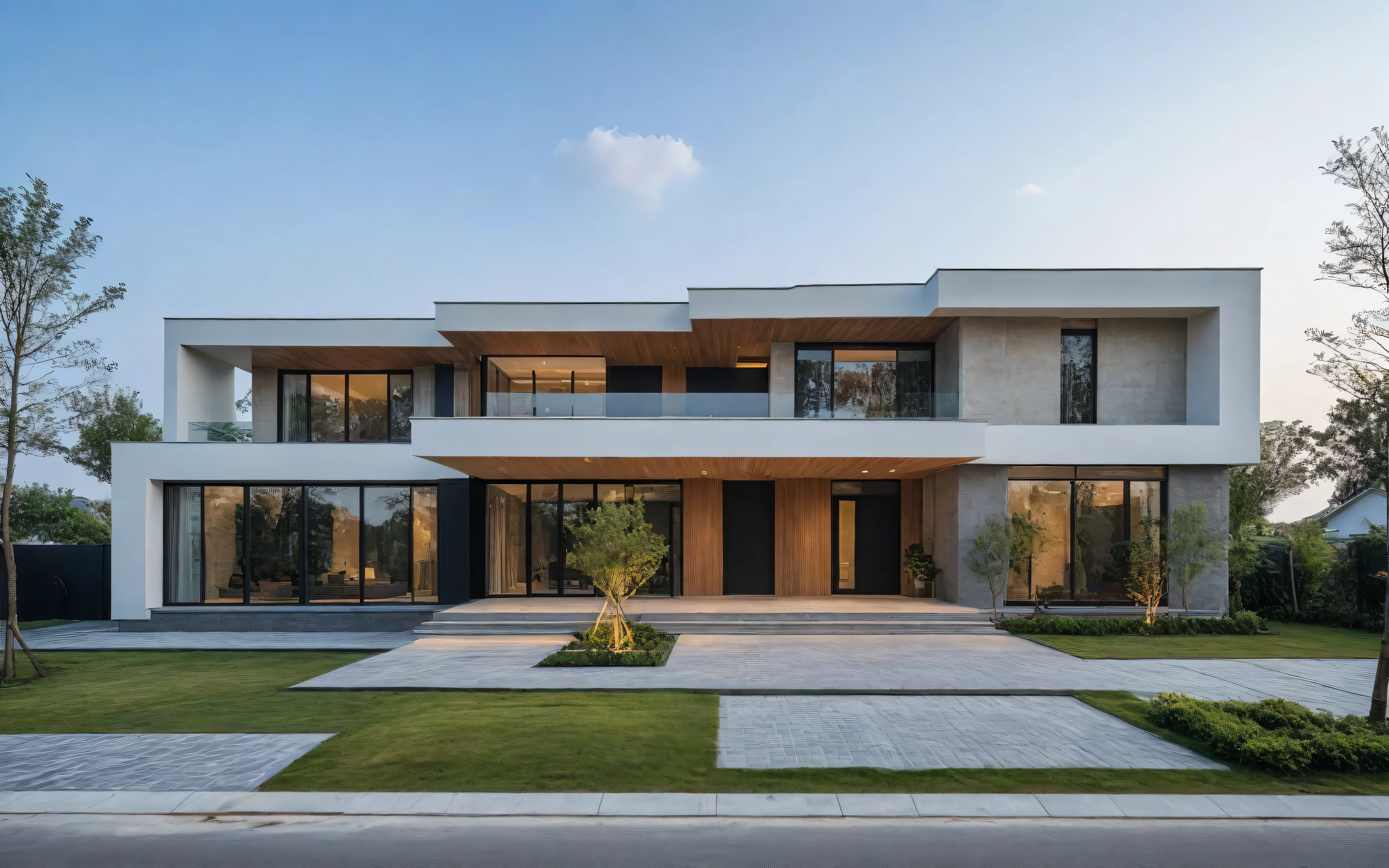 Perspective of a modern house with a large enough front yard, the main materials are walls, stone and light yellow wood, the road running in front of the house, (RAW photo, real, best quality, masterpiece: 1.2), view modern minimalist present, shime ring light, indoor brightness:1,2, dynamic light:1,3, (surreal, photorealistic:1,2), high quality, daylight, brightness High contrast: 0.5 perfect light, Archdaily, award-winning contemporary masterpiece, award-winning contemporary, beautiful design masterpiece, spacious modern villa, modern neo-traditional, corner exterior 2022 wide, contemporary home, mid-century modern, stylish modern feel, long front view, award-winning modern design, stunning lines, residential, exquisite details