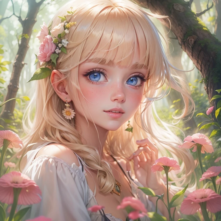 (masterpiece, best quality:1.4), (8K), Young blonde beauty, (((18 years old, neat girl))), detailed blue eyes, long eyelashes, blush, kind smile, horny, upper body, topless, small ass, slender thin legs, vagina, (looking at viewer), beautiful blonde hair, white-skinned, (((side bangs))), pigtails, (mushroom forest, celestial forest, beautiful and magnificent pink sunshine, majestic sky), natural light)