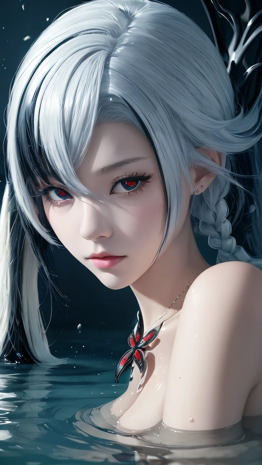 White hair,Black Hair,Colorful Hair,short hair,Straight Hair,Long braids,Glowing red eyes,Red X pupil,Sweet girl clothes 6,Printed dress,(Knee shot)Boutique,masterpiece,Ultra-high resolution,Clear face,(Trueness:1.4),RAW photos,Cold Light,woman wearing transparent dress underwater,Wallpaper Anime Blue Water,Gurwitz-style artwork,Water magic close-up fantasy,author:Yang Jie,Gurwitz,Beautiful artistic illustration,Water Nymphs,Beautiful digital artwork,Beautiful digital illustrations,Li Song,Beautiful anime portrait