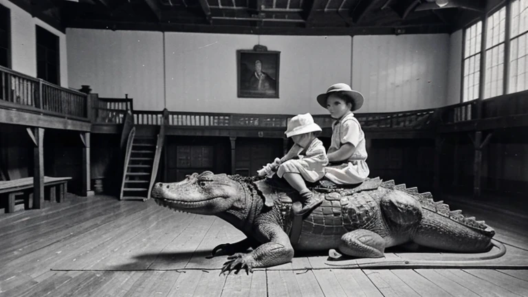 there are many children sitting on a large alligator in a black and white photo, unknown location, historical photo, archival photo, 1 9 0 0's photo, 1900’s photo”, early 1 9 0 0's, historical photograph, slide show, historical image, 1907, 1 9 0 9, 1 9 1 3, 1913