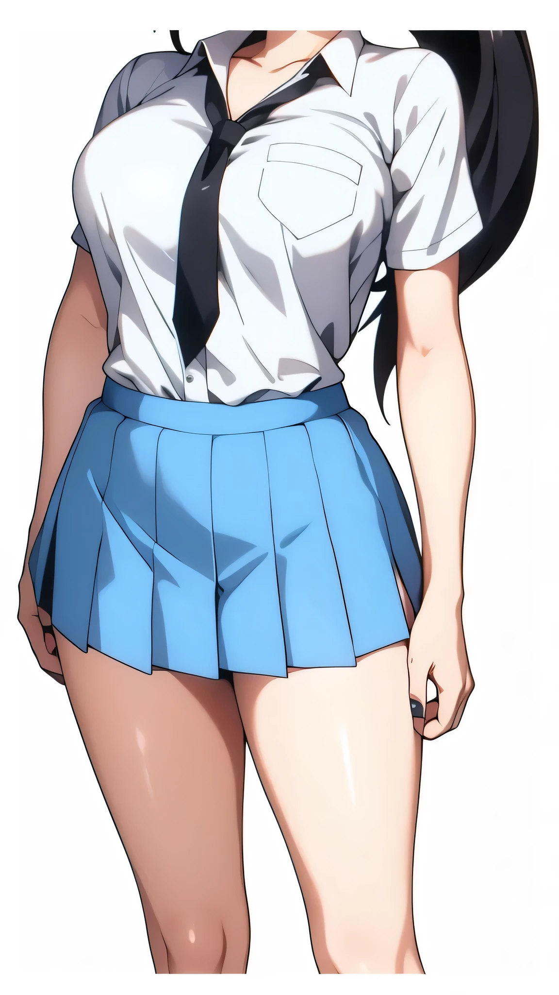 1 girl solo, anime girl with ponytail and tie in a, black hair, (uniform high school)), wearing short sleeve white shirt white tie, standing, ((full body)), converse, converse high, (medium_breasts:1.1), highly detailed face, cool, tomboy,