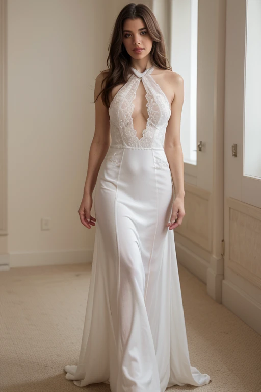 a long white gown with a modest halter neckline, with an elegant detailed lace covering the whole dress and detailed fabric
