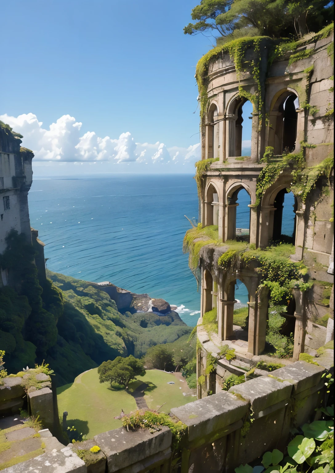 (masterpiece、highest quality:1.2)、8k、You can see the ocean、Ancient ruins built on the edge of a cliff、Ruins of an unknown civilization、Crumbling ruins of unknown age、Giant Vine、It is covered with moss and ivy.