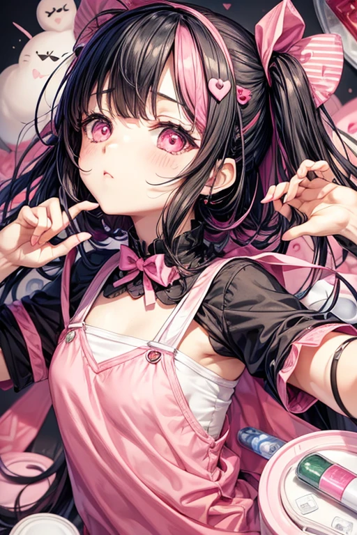 Cute, mentally ill, pink and black, menhera, jirai kei, bandages, pills, knife