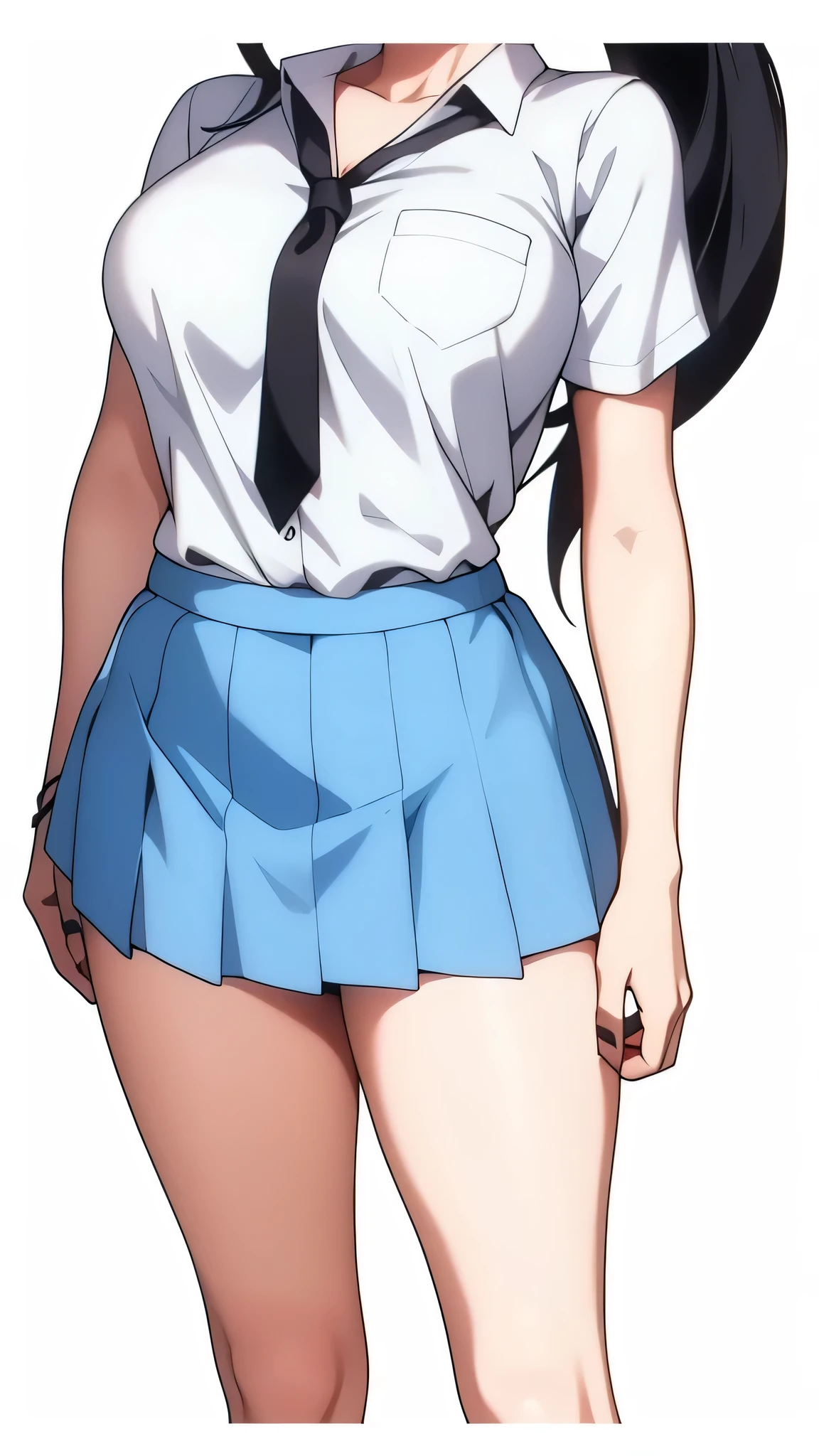 1 girl solo, anime girl with ponytail and tie in a, black hair, (uniform high school)), wearing short sleeve white shirt white tie, standing, ((full body)), converse, converse high, (medium_breasts:1.1), highly detailed face, cool, tomboy,