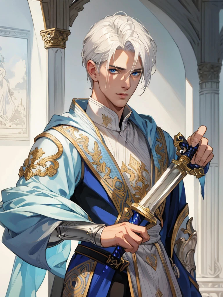 Tall handsome masculine athletic young man platinum blond, tanned skin, long straight platinum hair, blue eyes, beautiful body relief. He is holding a beautiful big sword. Masterpiece, detailed study of the face, a beautiful face, beautiful facial features, perfect image, realistic pictures, detailed study of faces, full-length image, 8k, detailed image. extremely detailed illustration, a real masterpiece of the highest quality, with careful drawing.