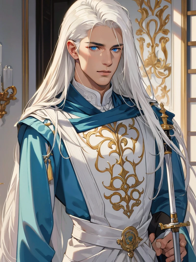 Tall handsome masculine athletic young man platinum blond, tanned skin, long straight platinum hair, blue eyes, beautiful body relief. He is holding a beautiful big sword. Masterpiece, detailed study of the face, a beautiful face, beautiful facial features, perfect image, realistic pictures, detailed study of faces, full-length image, 8k, detailed image. extremely detailed illustration, a real masterpiece of the highest quality, with careful drawing.