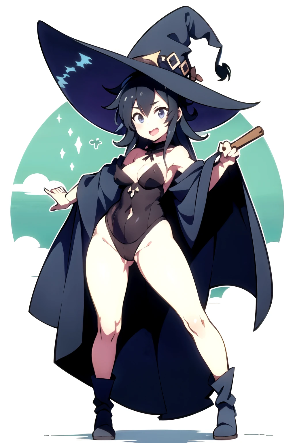 A kind of sexy, cute, tiny witch With a comically massive witch hat.