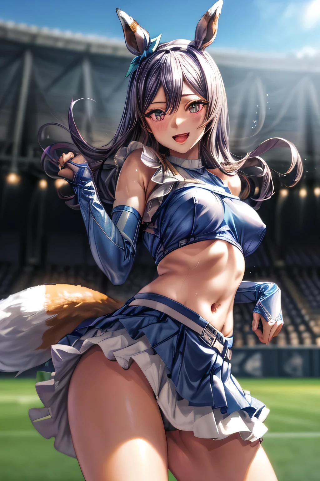 sexy dance show,(stadium, blurry background,blue sky,strong wind:1.2),mejiro mcqueen \(umamusume\),perfect hands, perfect finger,perfect anatomy,masterpiece, best quality,realistic, hyperrealistic, 16k hdr,,what does the fox say,open mouth, happy smile, long hair, blush,  belt, crop top, blue ultra miniskirt, pleated skirt, midriff, detached sleeves, elbow gloves,sweat,navel,large breasts,cleavage,erected nipples,(from below:1.2),micro panty,horse tail