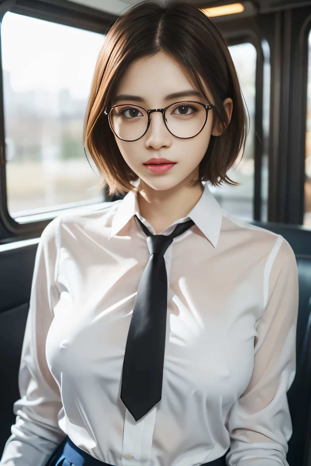 Generate with SFW, (1 girl:1.3), Upper Body Shot, Japanese, 16 year old supermodel, the body is slim, high school girl, (from before), (highest quality:1.4), 32k resolution, (Realistic:1.5), (Ultra-realistic:1.5), High resolution UHD, (masterpiece:1.2)), (Improvement of quality:1.4), (Very beautiful facial details), (Highest quality realistic skin texture:1.4), (Perfect Anatomy:1.2), (Are standing:1.37), ((thin high school girl uniform, no bra, erect nipples)), ((Black tie, White long sleeve blouse shirt:1.21)), Black pleated skirt, (Do not emphasize the top of the bust), ((on the bus)), Accurate Fingers, Very detailed, Symmetrical eyes, Fine eyelashes, Thinly trimmed eyebrows, View audience, Natural Makeup, [Pink lipstick], ((A good eye for quality:1.2)), (tired, Sleepy and satisfied:0.0), (Beautiful Lips:1.33), (Great nose:1.2), ((Physically Based Rendering of the Background:1.37)), (big breast), Tight waist, (Heavy chest:1.05, slim lower body), Brown Hair, (handsome short hair:1.37), Anxious face, Gentle light illuminates the face and body, Spectacular and inspiring cinema lighting,((eye glasses)), braless