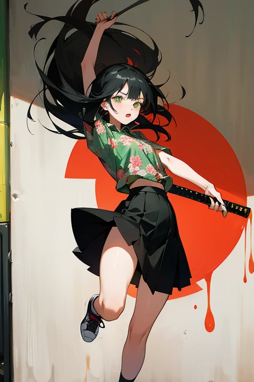 • 2934774106 a feminine girl, Full body, Jumping for happiness,
-description: Loose long black hair, green eyes, (1.60 cm tall), 20 years old, 
-wearing: floral shirt, mini black skirt, printed sneakers, holding a katana with a red blade,
-background: facing the wall, graffiti,