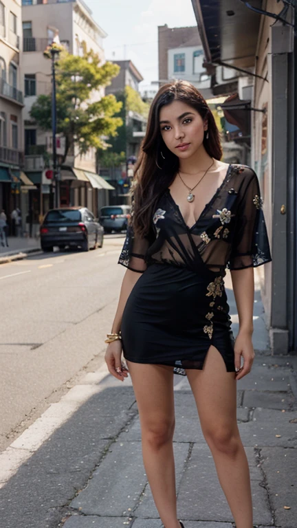 pretty girl: Asia, super cute;
Age: from 18-20 years old;
Body shape: plump, graceful, youthful;
accessories: ruby necklace, ruby earrings, studs;
dress: tight, ((thin see-through)), floral embroidery;
Fashion style: high-end women, Modern 2024, luxury;
Image quality: non-NSFW, 8K CG HD, high resolution, Super beautiful graphics, professional, detailed, colorful, super smooth, advanced techniques, true RAW;
lighting: luxury, complex color scheme, black gold rays;
sunlight: sparkling, illuminating the girl's body;
Girl standing and posing on a beautiful street, ((full body photo, from head to toe)) bright sunlight shining on her body highlighting the girl's edges, blue sky.