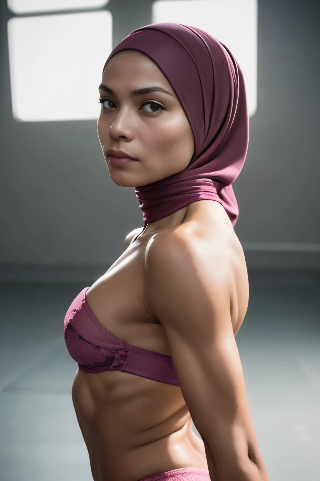 ((SHORT HIJAB)), ((Flat chest:1.7)), (dynamic photograph of a 58 year old Indonesian woman), (slim top, cotton panties), (straight non curly hair), (highly detailed face:1.4), (vascular muscles and abs:1.3), (background inside light, bright, private gym:1.1), (8k, uhd, dslr, high quality, cinematic lighting, bokeh), (dramatic, award winning photography, incredible masterpiece:1.3), (((sexy sultry stare at camera:0.8))), close up, ((she is ready to dominate you:0.5)), ((beautiful feminine face)) (she is a champion MMA fighter), add_detail:1, ((Wearing strapless pastel)) lace yellow fluorescence , from behind view, seductive pose, straddling ,