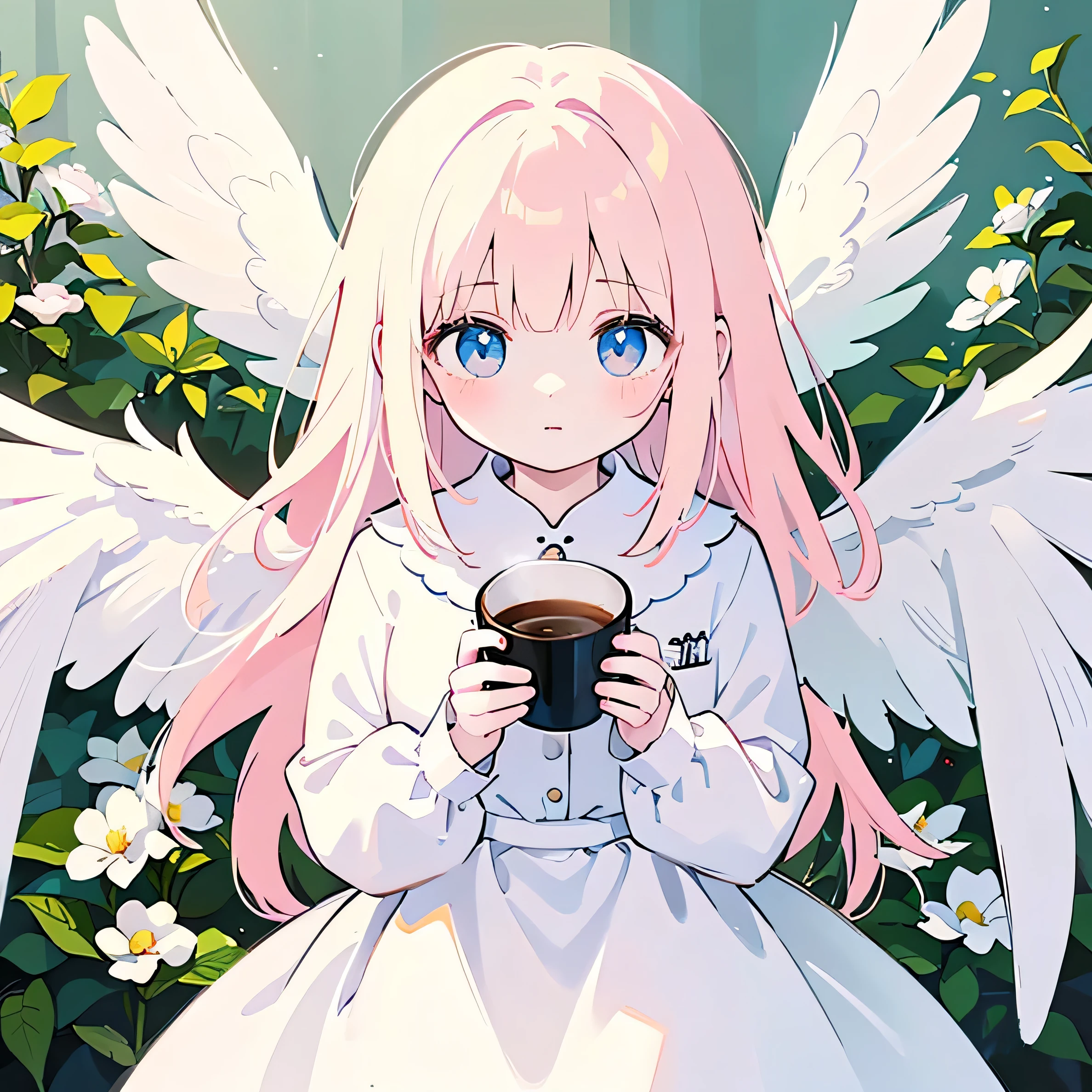 painting of a with a cup of coffee and angel wings, of an beautiful angel girl, beautiful angel, angel girl, of beautiful angel, portrait of a beautiful angel, beautiful angel girl portrait, angelic, angelical, dark angel of coffee, winged girl angel, adorable digital painting, angel-themed, angel, beautiful female angel, young wan angel