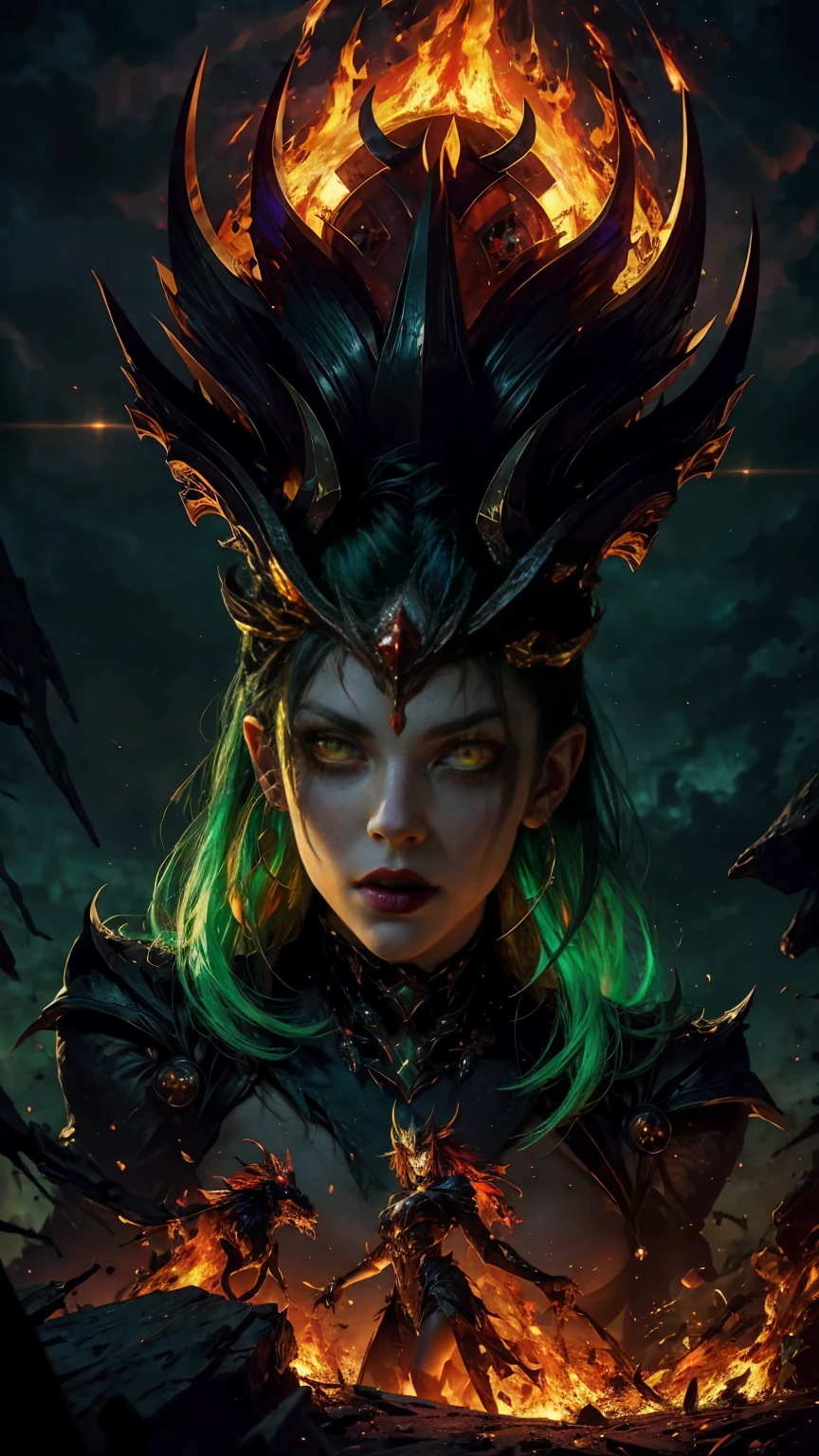 High view, high angle of camera, A beautiful and sexy queen of hell, anime style. walking through a dark, rotten and burnt Hades, showcasing the fiery green hair and thin black horns with incandescent cracks, black tears, golden ornament. Every space and build in the landscape is meticulously rendered, from the most desolate and terrifying hell, creating a visually stunning and immersive world. The overall effect is a terrifying mix of fantasy, glitter and nostalgia, hellpunk and horror anime. 2.5D style anime, close-up, fine quality yellow eyes, fiery yellow eyes without sclera, ultra detailed, Beautiful and aesthetically pleasing, masterpiece, Best quality score, Extremely detailed , dynamic angle, raytraced, middle body, close up, high view, particles and hard lights, angulo picado. green, red, purple and black