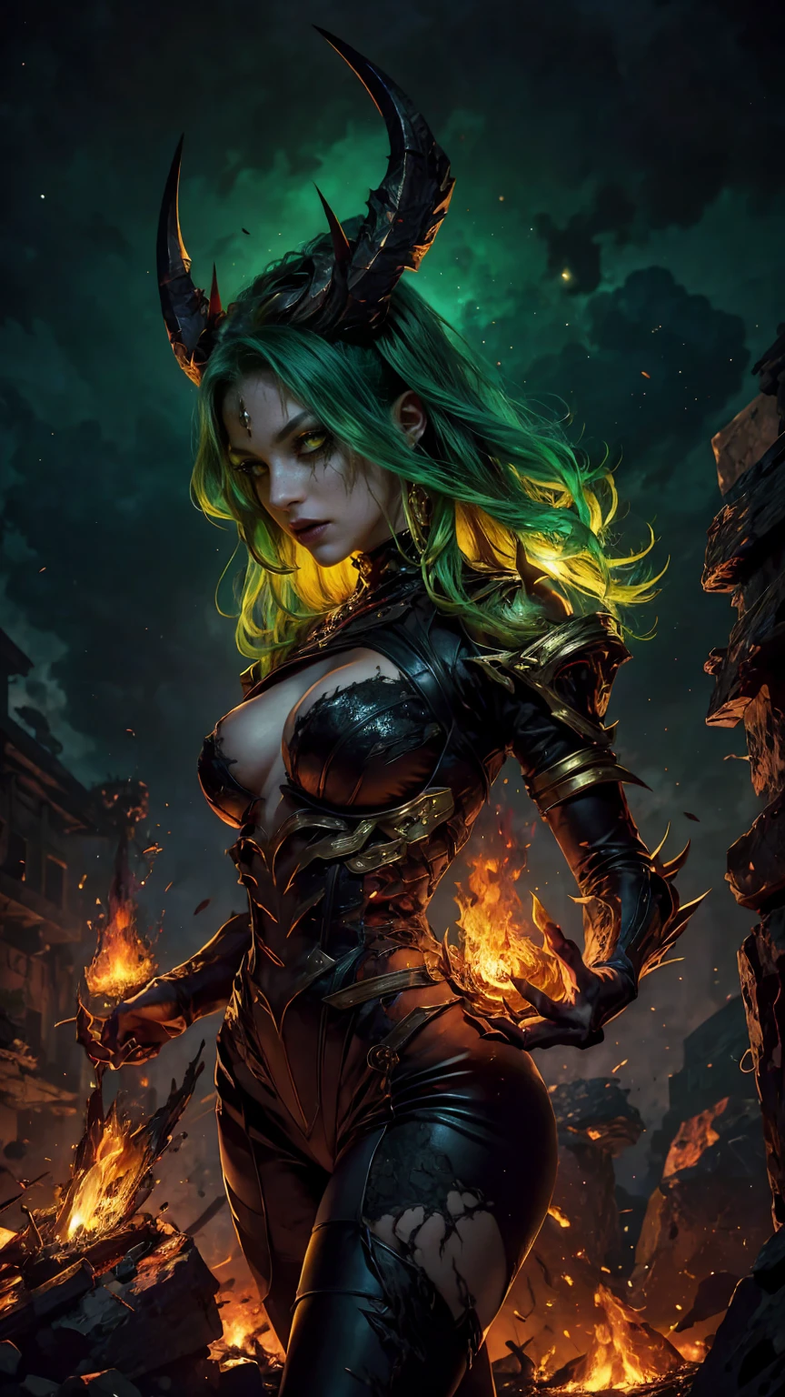 High view, high angle of camera, A beautiful and sexy queen of hell, anime style. walking through a dark, rotten and burnt Hades, showcasing the fiery green hair and thin black horns with incandescent cracks, black tears, golden ornament. Every space and build in the landscape is meticulously rendered, from the most desolate and terrifying hell, creating a visually stunning and immersive world. The overall effect is a terrifying mix of fantasy, glitter and nostalgia, hellpunk and horror anime. 2.5D style anime, close-up, fine quality yellow eyes, fiery yellow eyes without sclera, ultra detailed, Beautiful and aesthetically pleasing, masterpiece, Best quality score, Extremely detailed , dynamic angle, raytraced, middle body, close up, high view, particles and hard lights, angulo picado. green, red, purple and black