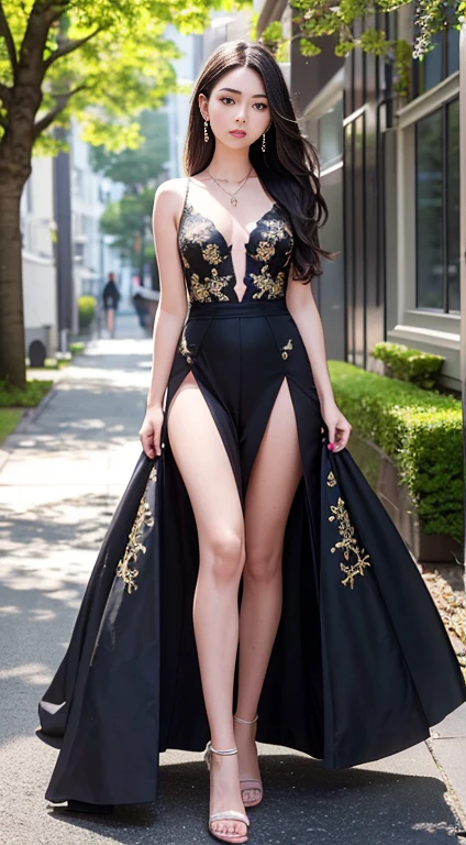 pretty girl: Asia, super cute;
Age: from 18-20 years old;
Body shape: plump, graceful, youthful;
accessories: ruby necklace, ruby earrings, studs;
dress: tight, ((thin see-through)), floral embroidery;
Fashion style: high-end women, Modern 2024, luxury;
Image quality: non-NSFW, 8K CG HD, high resolution, Super beautiful graphics, professional, detailed, colorful, super smooth, advanced techniques, true RAW;
lighting: luxury, complex color scheme, black gold rays;
sunlight: sparkling, illuminating the girl's body;
Girl standing and posing on a beautiful street, ((full body photo, from head to toe)) bright sunlight shining on her body highlighting the girl's edges, blue sky.