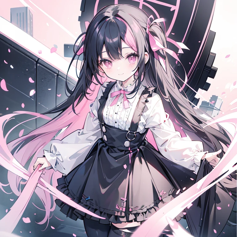 Hair color is black Hair is straight A thin pink ribbon on her head Pink and black gothic lolita The socks are black with pink lines. Smiling Make sure your pants are barely visible