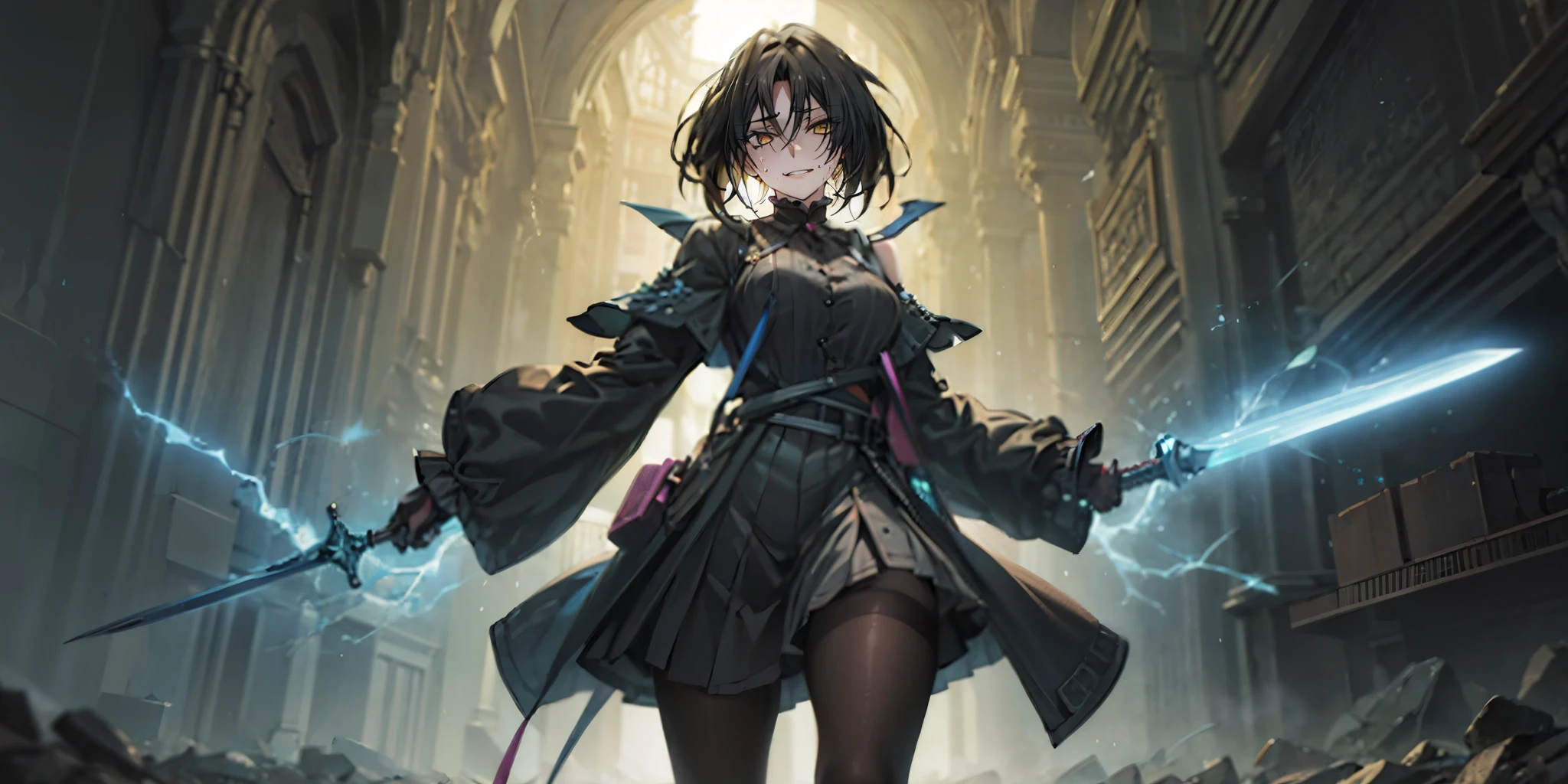 dominique de sade, (long hair:1.3), black hair, forehead, golden eyes, anatomically correct, heavy breathing, huge breasts,  1girl, holding, sword, black_hair, solo, holding_weapon, long_hair, holding_sword, jewelry, skirt, standing, dual_wielding, closed_mouth, glowing, bangs, gloves, earrings, looking_at_viewer, long_sleeves, cowboy_shot, glowing_weapon, "glow effects, godrays, Hand drawn, render, 8k, octane render, cinema 4d, blender, dark, atmospheric 4k ultra detailed, cinematic, Sharp focus, big depth of field, Masterpiece, colors, 3d octane render, 4k, concept art, trending on artstation, hyperrealistic, Vivid colors, extremely detailed CG unity 8k wallpaper, trending on CGSociety, Intricate, High Detail, dramatic", anime coloring, anime screencap, sweating, steaming body, fog, (electricity:1.3), (shaded face:1.2), hollow eyes, facing viewer, smirk, upper teeth, golden eyes, sweating, wet, looking at viewer, glowing eyes,