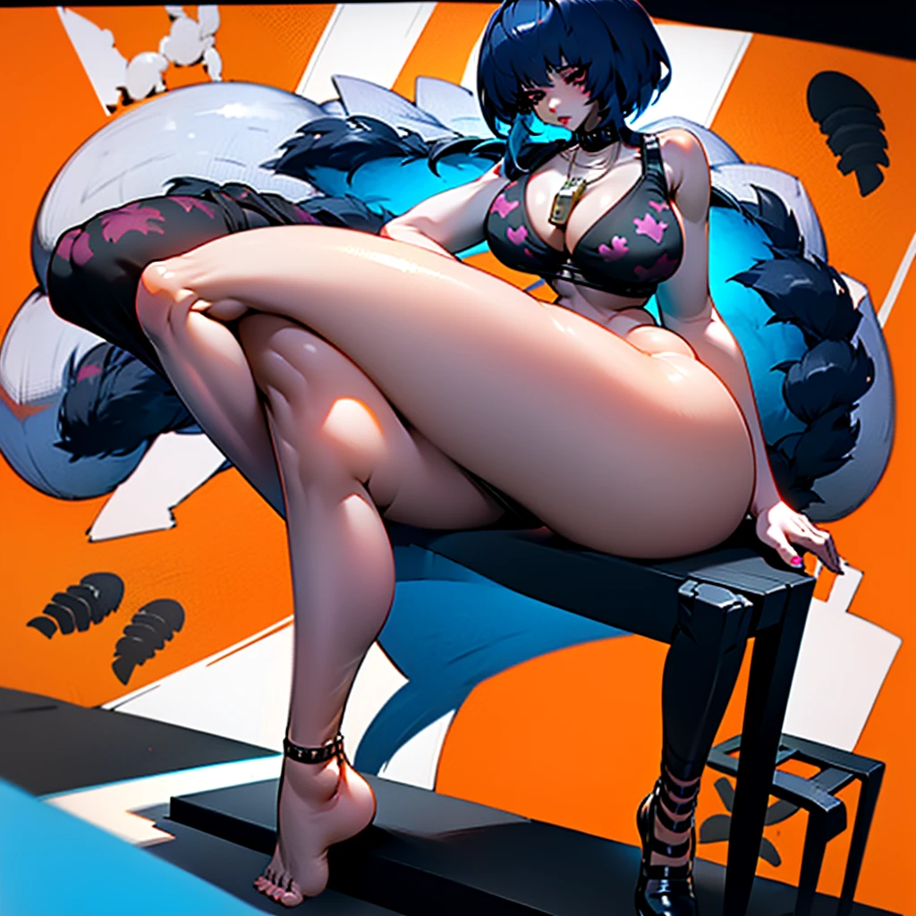 ((Goth)), ((naked)), ((curvy)), ((purple hair)), ((cow print bra)), ((thick thighs)), ((pawg)), ((very hairy pussy)), ((No panties)), ((cow bell necklace)), ((pierced nose)), (((Tae Takemi))), ((One leg up)), (4k HD)