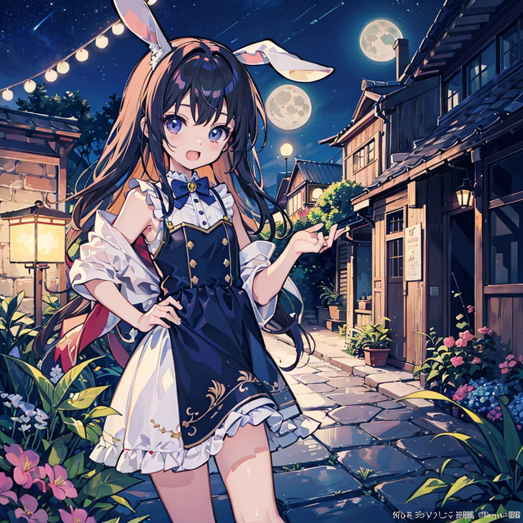 highest quality、Masterpiece、Official Art、16K、Super detailed、super beautiful、The best composition、Miniature garden rabbit ears girl moon background、　Little、★🌙🐇、❤