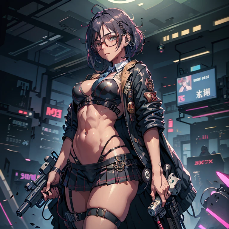 A Cyberpunk Anime Girl in a , Cowboy Shot, Perfect Body, Glasses, Beautiful, Abs, Short Dark Blue Hair, Quiff with Shaved Taper Fade, School Gym, Super Detailed