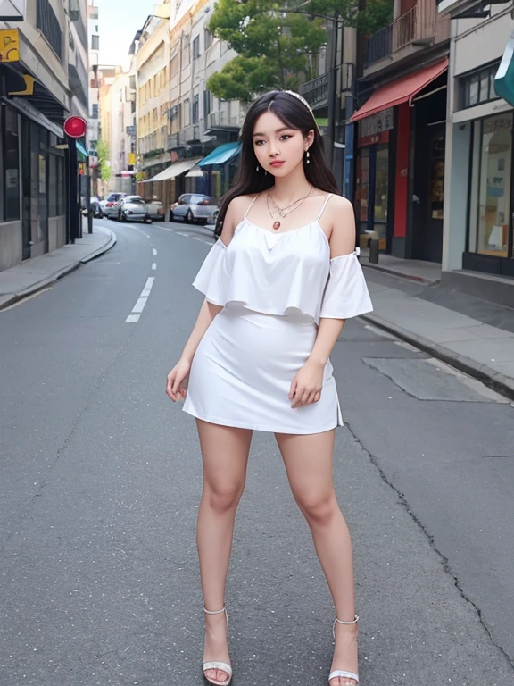 pretty girl: Asia, super cute;
Age: from 18-20 years old;
Body shape: plump, graceful, youthful;
accessories: ruby necklace, ruby earrings, studs;
Fashion style: high-end women, Modern 2024, luxury;
Image quality: non-NSFW, 8K CG HD, high resolution, Super beautiful graphics, professional, detailed, colorful, super smooth, advanced techniques, true RAW;
Girl standing and posing on a beautiful street, ((full body photo, from head to toe)) bright sunlight shining on her body highlighting the girl's edges, blue sky.