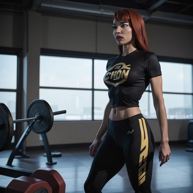 She's a young, slender woman with short, vibrant red hair and bright blue eyes, dressed in fitted gym attire. Confident and determined, she exudes assurance with a strong posture and a self-assured expression. Her domain is the gym, where her infectious energy shines, whether as an athlete or a dedicated instructor.red wet wavy long hair, fit body , huge breasts, gym sportswear black and gold